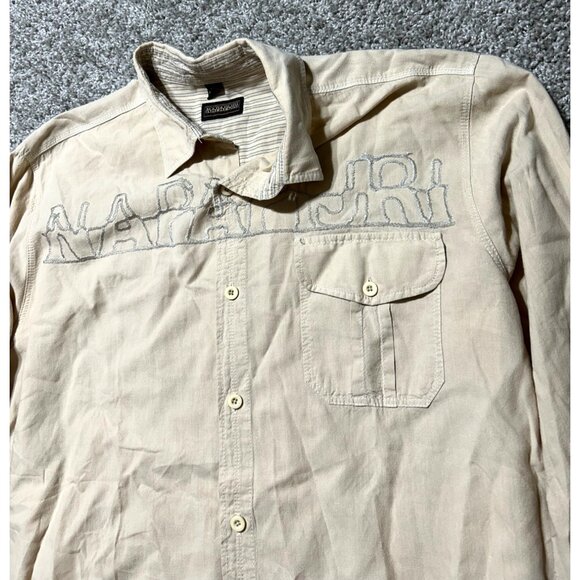 Napapijri Mens XXL Beige Long Sleeve Button-Up Shirt W/ Embroidered Logo - Picture 2 of 9